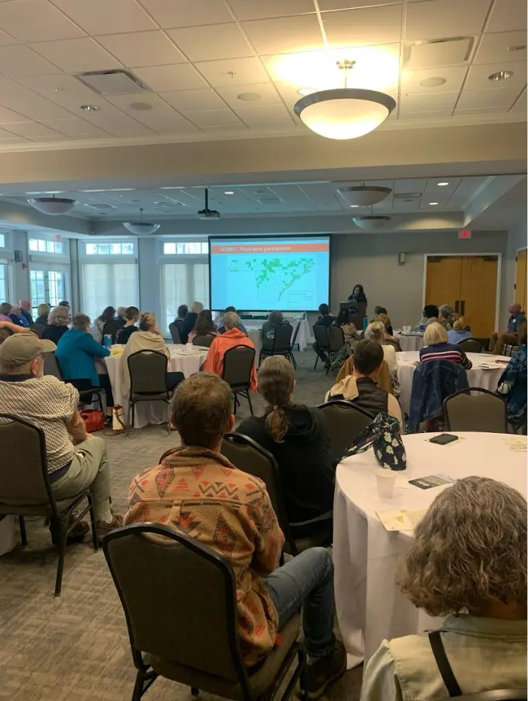 A room full of people listening to a presentation